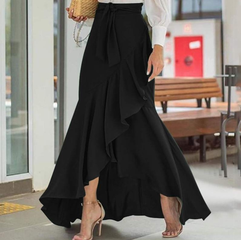 High Waist Ruffle Maxi Skirt - Elegant Fishtail Style, Polyester Fiber Material  Castello Clothing Line   