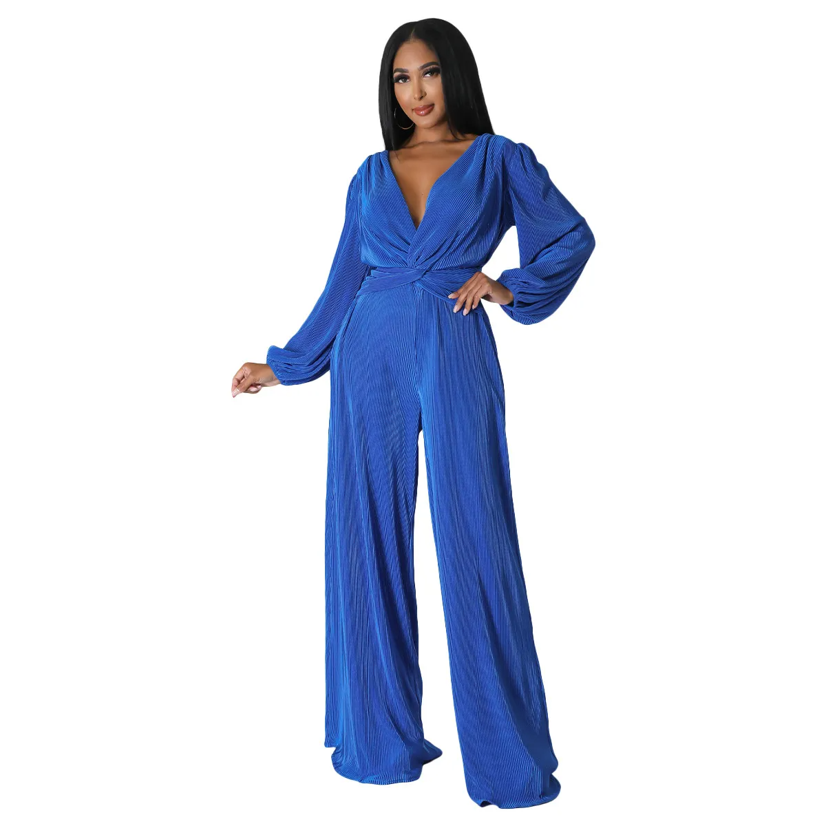 Addy Long Sleeve Plisse Twist Front Wide Leg Jumpsuit women jumpsuits Castello Clothing Line