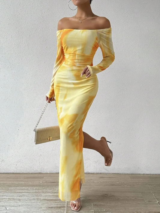 Iris Off-Shoulder Ruched Long Sleeve Maxi Dress maxi dress Castello Clothing Line