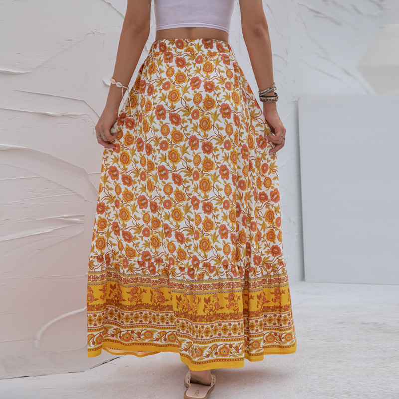 Bohemian Floral Maxi Skirt with High Waist  Castello Clothing Line   