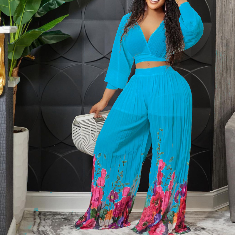 Chiffon Long Sleeve Top and Wide Leg Pants Set  Castello Clothing Line   