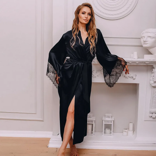 Moonlit Grace Lace-Trim Satin Long Wrap Robe  Castello Clothing Line   