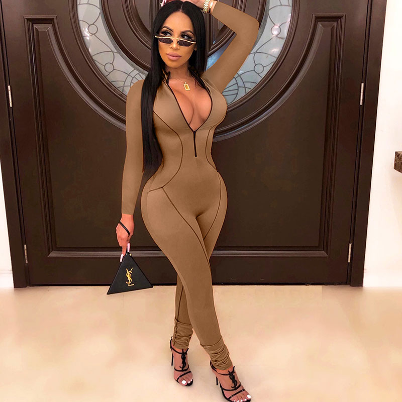 Milan Long Sleeve Zip Front Bodycon Jumpsuit women jumpsuits Castello Clothing Line