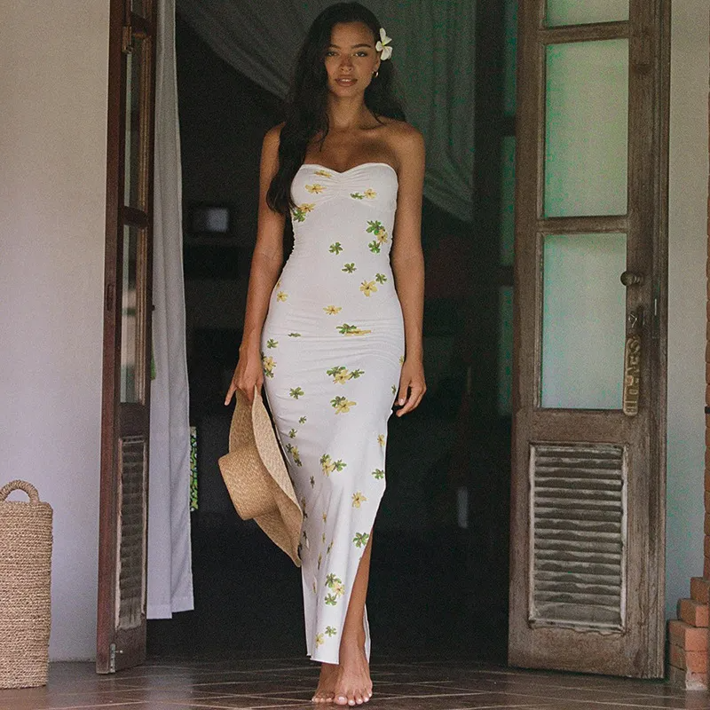 Nessa Strapless Floral Print Ruched Bodycon Maxi Dress maxi dress Castello Clothing Line