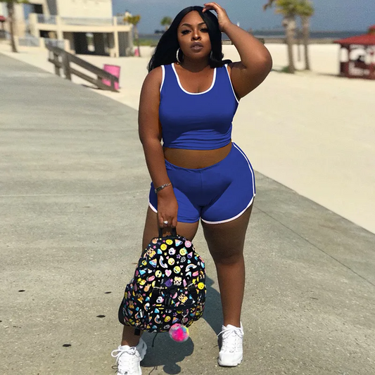 PlayfulWave Plus Size Crop Tank & High-Waist Shorts Set  Castello Clothing Line   