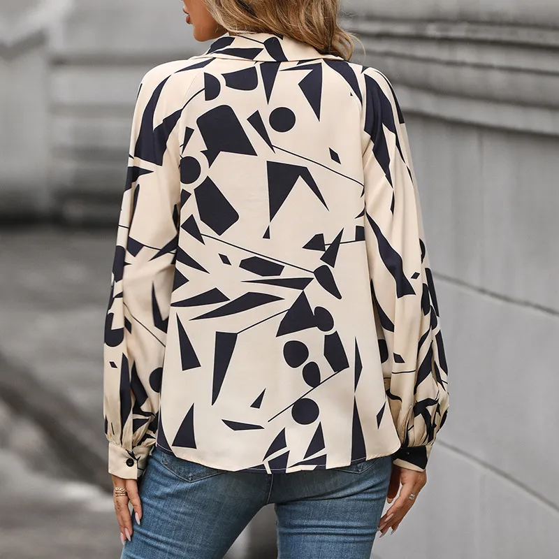 Abstract Charm Printed Collared Long Sleeve Blouse Castello Clothing Line