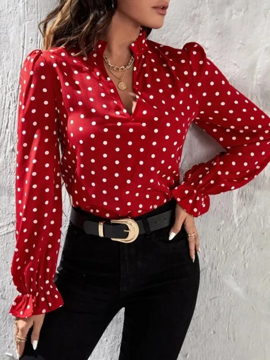 Amara Polka Dot V-Neck Puff Sleeve Blouse Castello Clothing Line