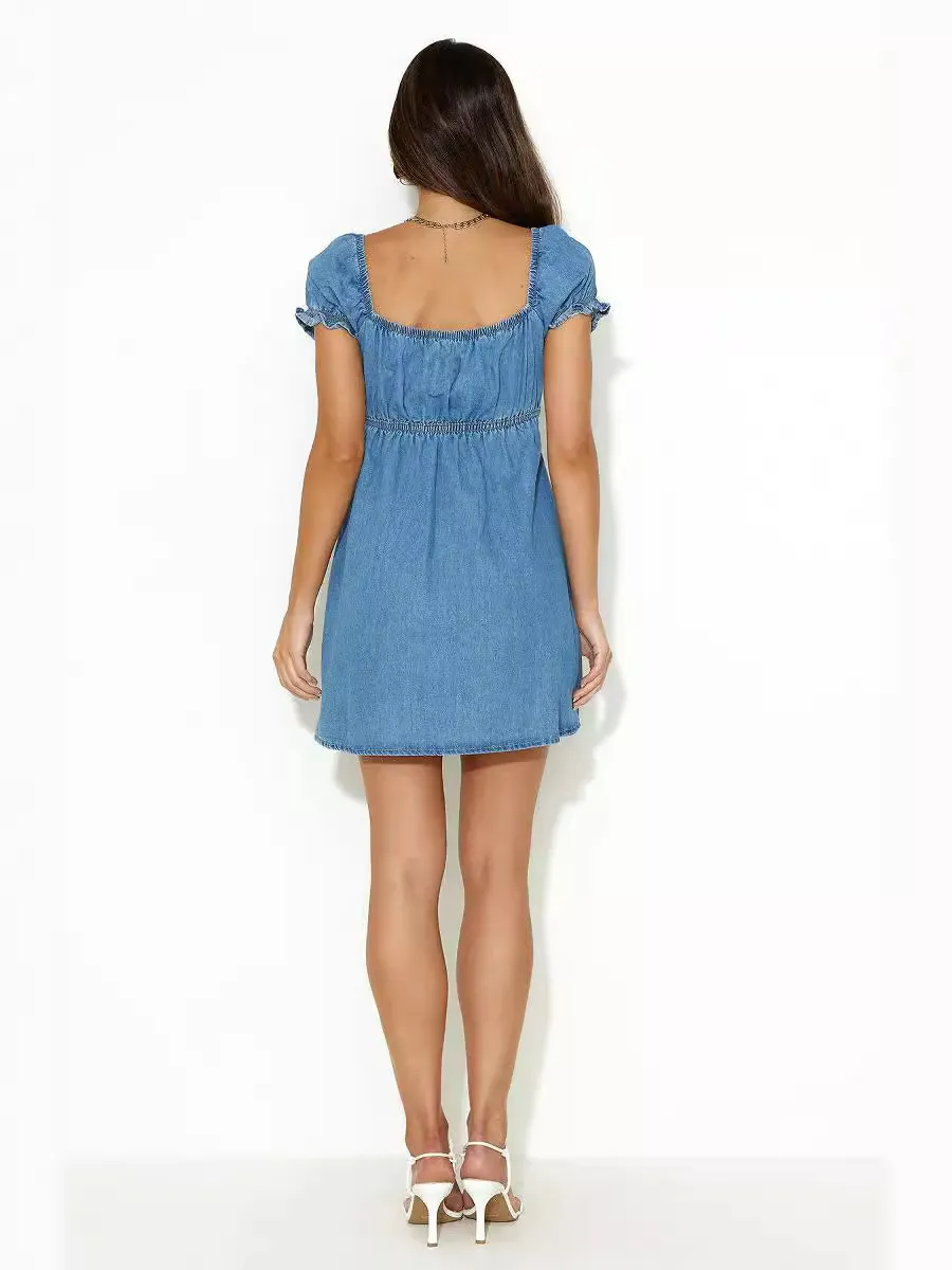 Giselle Bow-Tie Short Puff Sleeve Denim Mini Dress Castello Clothing Line