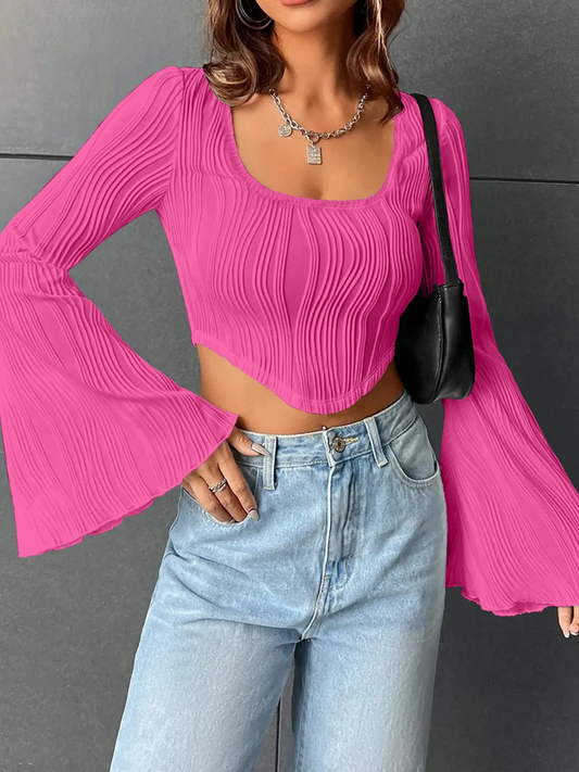 Flaunt It Textured Bell Sleeve Crop Top  Castello Clothing Line   