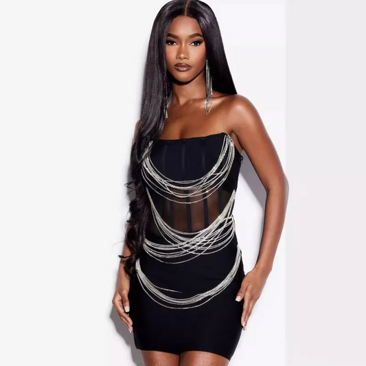 Zylar Strapless Mesh Rhinestone Chain Bodycon Mini Dress Castello Clothing Line
