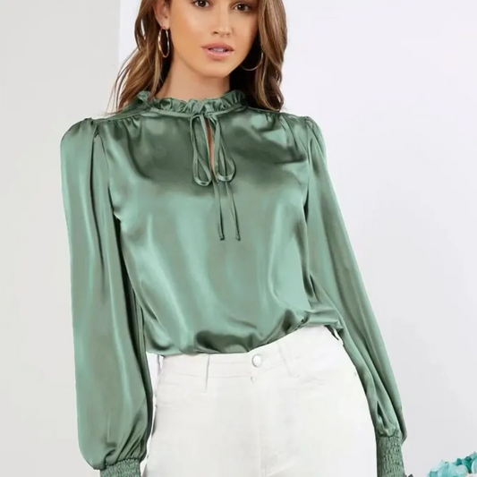 Charmette Ruffle Tie-Neck Long Sleeve Blouse  Castello Clothing Line   
