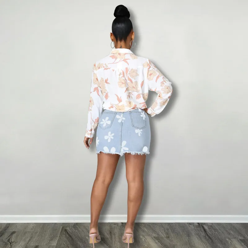 Flower Power Frayed Denim Mini Skirt  Castello Clothing Line   