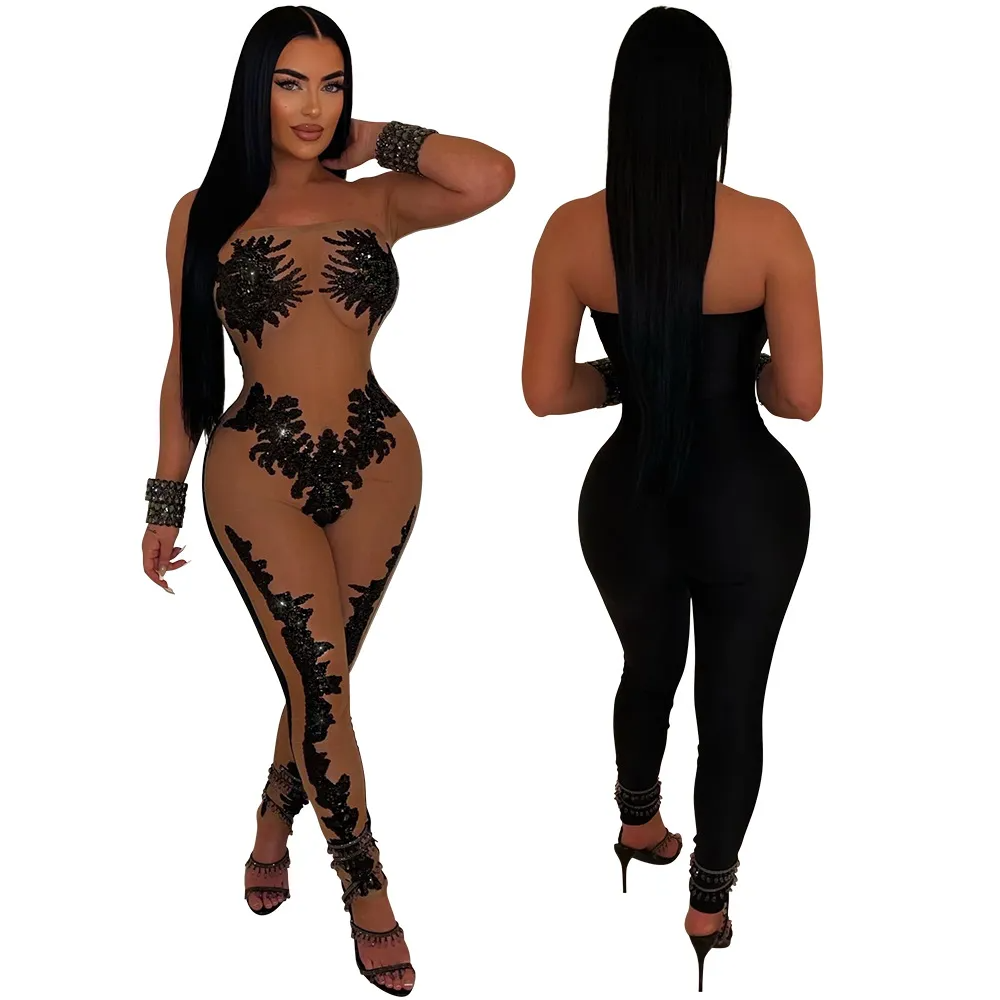 Athena Strapless Sheer Appliqué Bodycon Catsuit women jumpsuits Castello Clothing Line