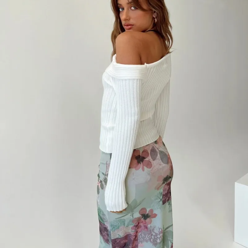 Spark Off-Shoulder Long Sleeve Ribbed Knit Sweater Castello Clothing Line