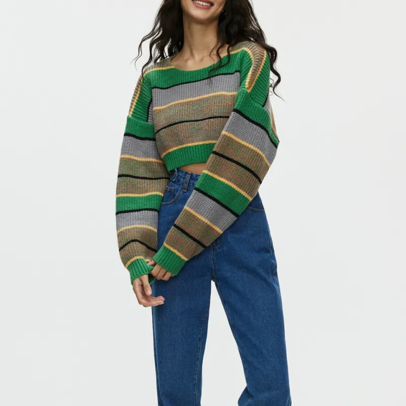 Wildline Striped Knit Cropped Long Sleeve Sweater Castello Clothing Line