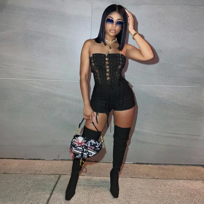 Laced-Up Luxe Strapless Leather Corset Romper  Castello Clothing Line   