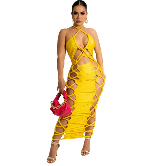Vanessa Halter Lace-Up Cutout Bodycon Midi Dress midi dress Castello Clothing Line