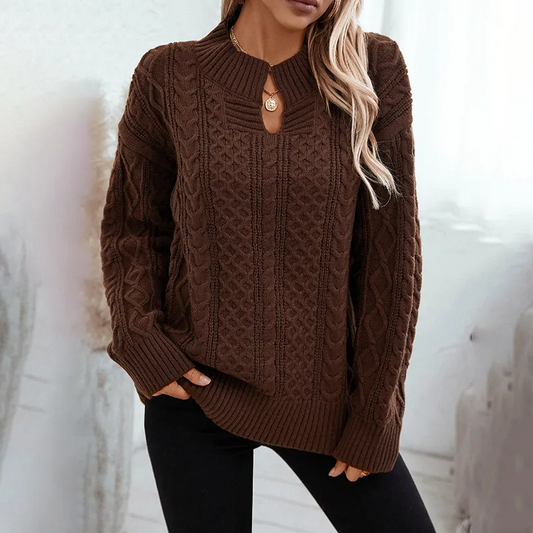 Downtown Diva Cable Knit Keyhole Long Sleeve Sweater Castello Clothing Line