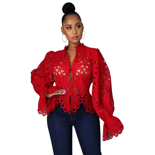 Desire Lace Cutout Ruffle Sleeve Button-Up Blouse Castello Clothing Line