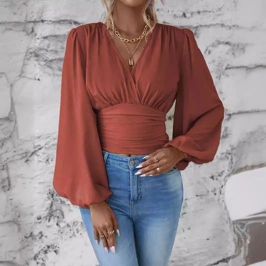 Seraphine Ruched V-Neck Long Sleeve Smocked Crop Top Castello Clothing Line