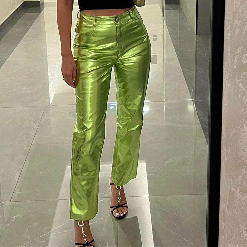Vega High-Waist Metallic Faux Leather Wide-Leg Pants Castello Clothing Line