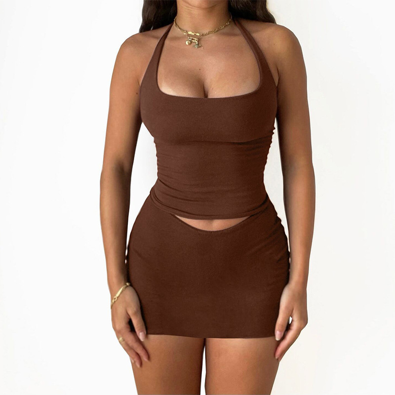 Halter Top and Slim Mini Skirt Set in Polyester/Milk Fiber/Spandex Blend  Castello Clothing Line   