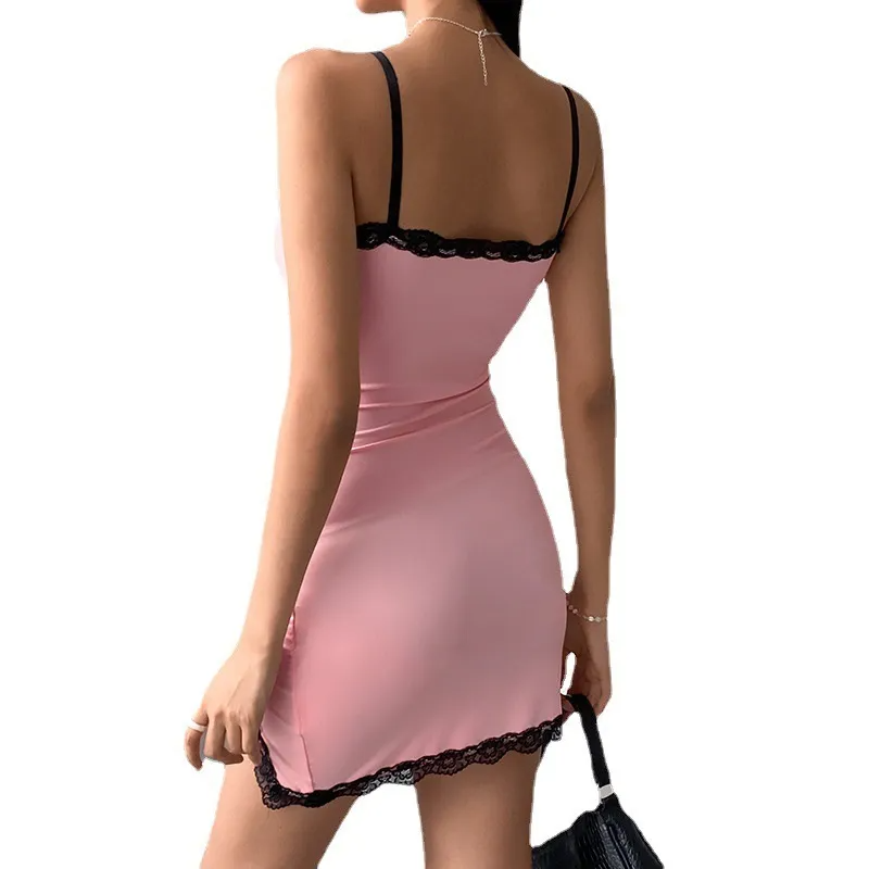 Eva Lace Trim Spaghetti Strap Bodycon Mini Dress Castello Clothing Line