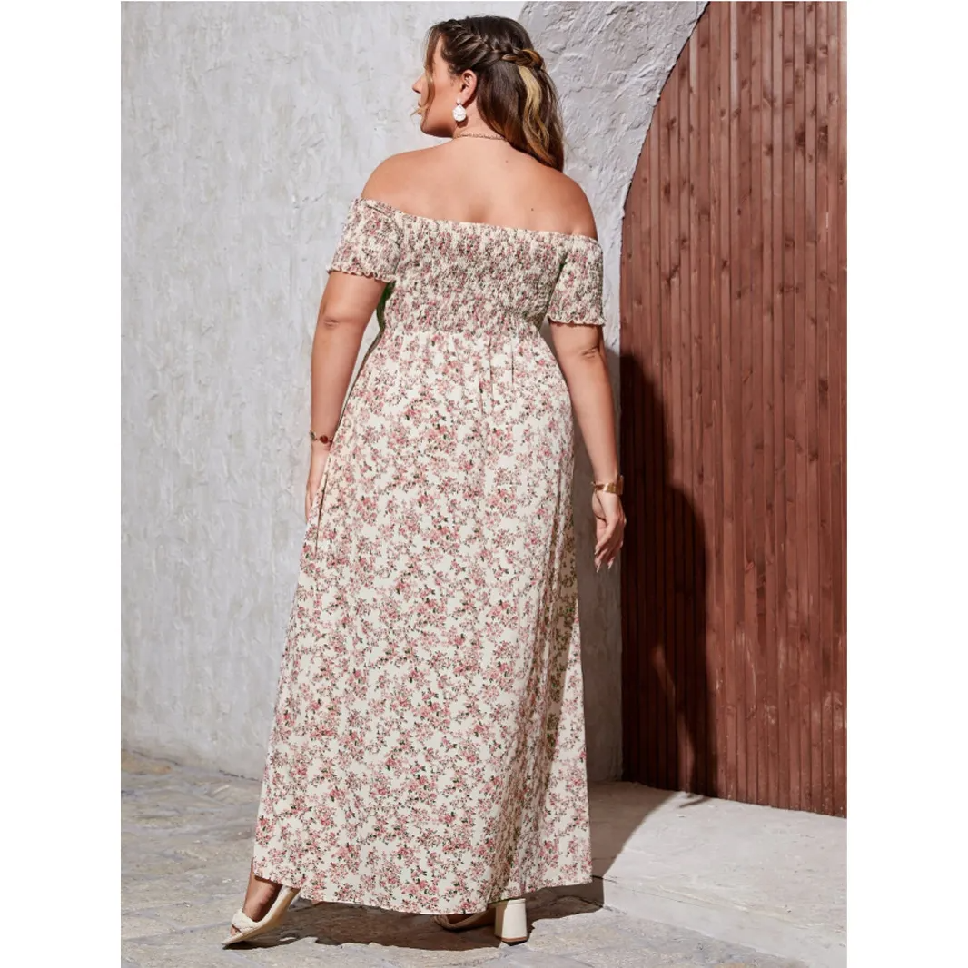Emilia Plus Size Off-Shoulder Smocked Floral Slit Maxi Dress maxi dress Castello Clothing Line