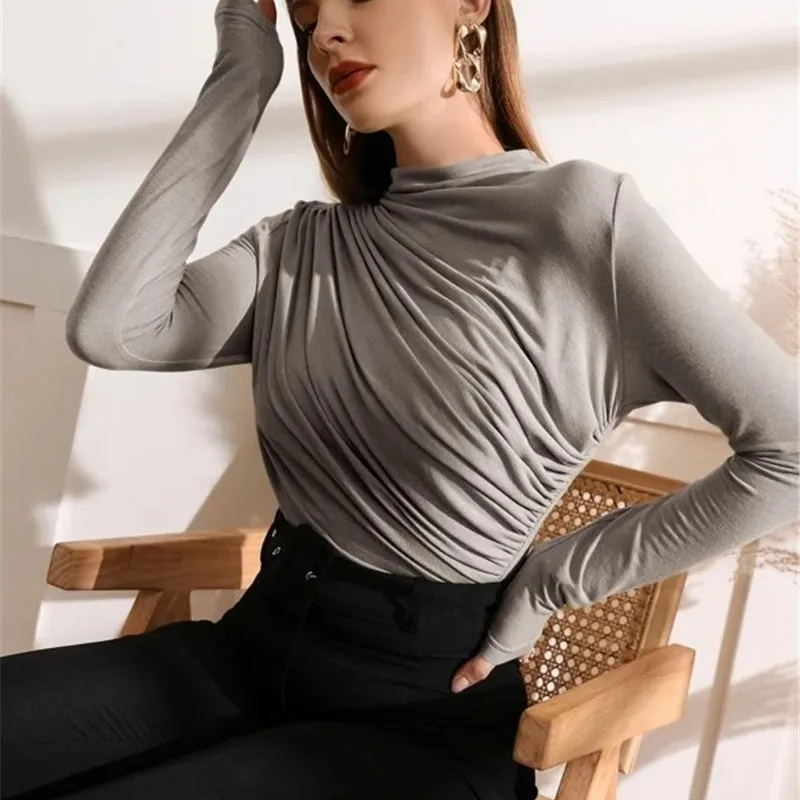 Power Pose Ruched High Neck Long Sleeve Blouse Castello Clothing Line
