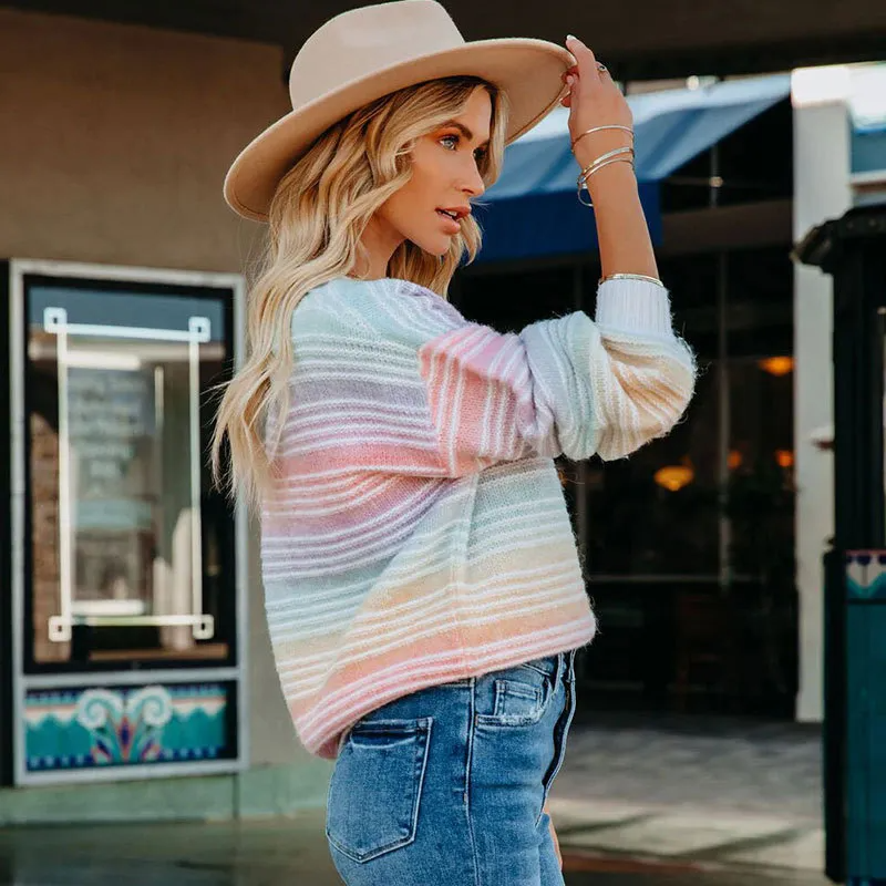 Dream Scene Striped Crew Neck Long Sleeve Knit Sweater Castello Clothing Line