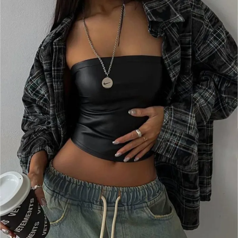 Edgy Vibe Strapless Faux Leather Tube Top  Castello Clothing Line   
