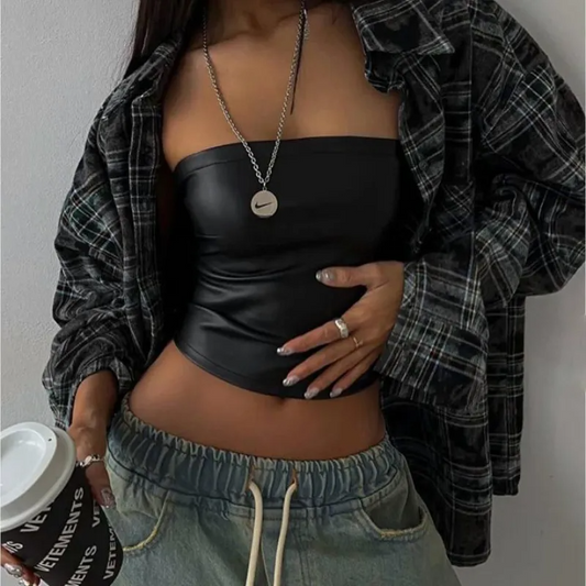 Edgy Vibe Strapless Faux Leather Tube Top  Castello Clothing Line   