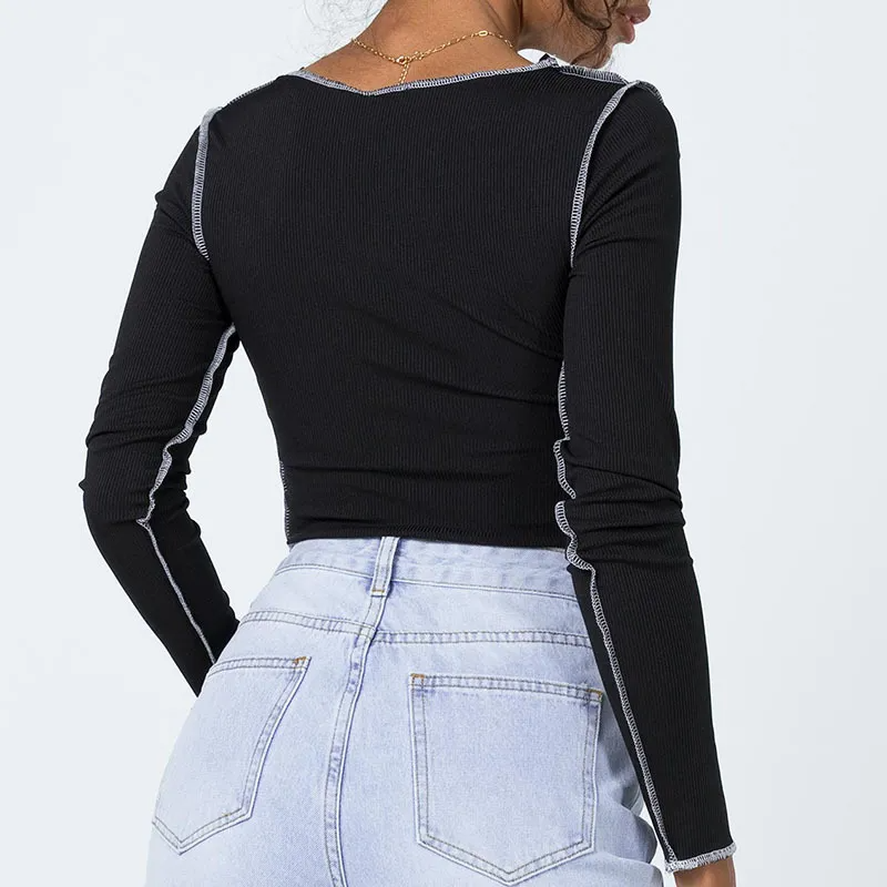 Stitch It Up Long Sleeve V-Neck Crop Top  Castello Clothing Line   