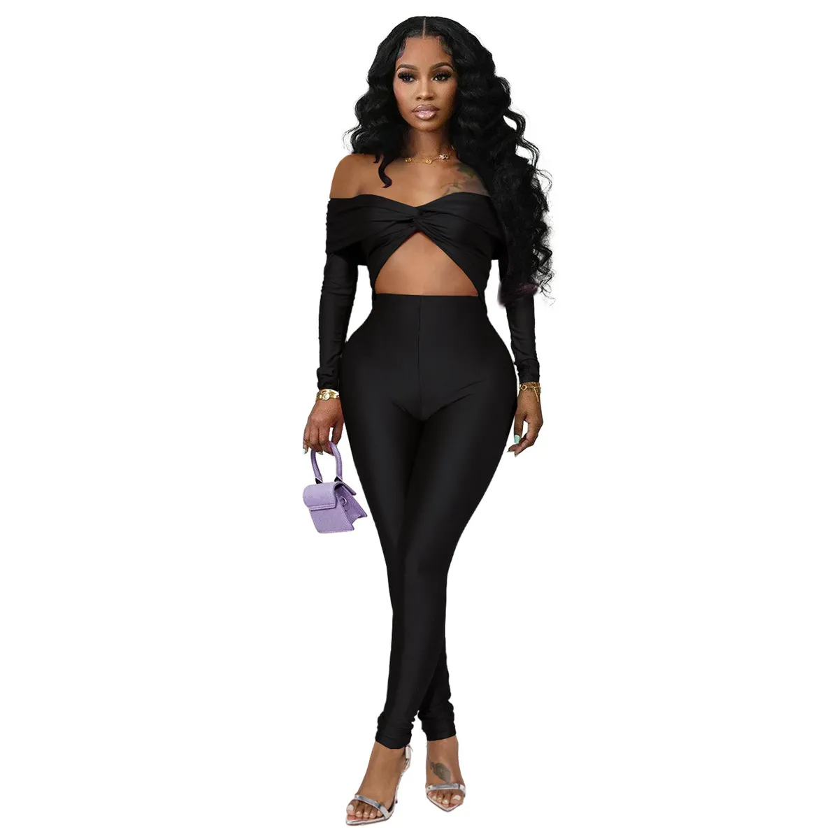 Raina Off-Shoulder Twist Front Long Sleeve Bodycon Jumpsuit women jumpsuits Castello Clothing Line