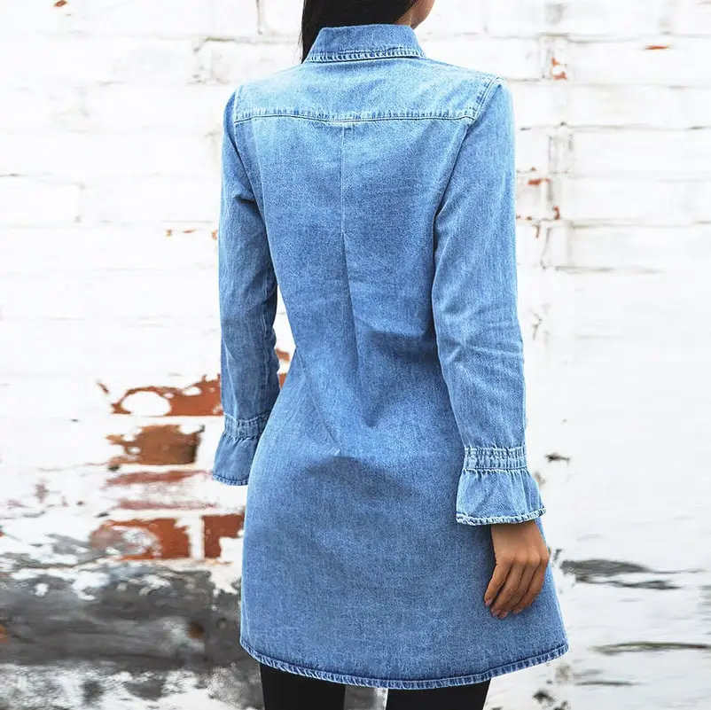 Long Sleeve Ruffle Denim Shirt Dress  Castello Clothing Line   