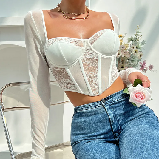 Dare to Flaunt Lace Bustier Mesh Top  Castello Clothing Line   