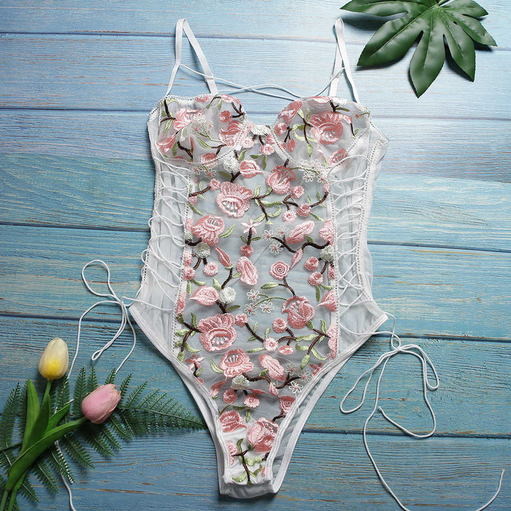Embroidery Floral Lace-Up Bodysuit  Castello Clothing Line   