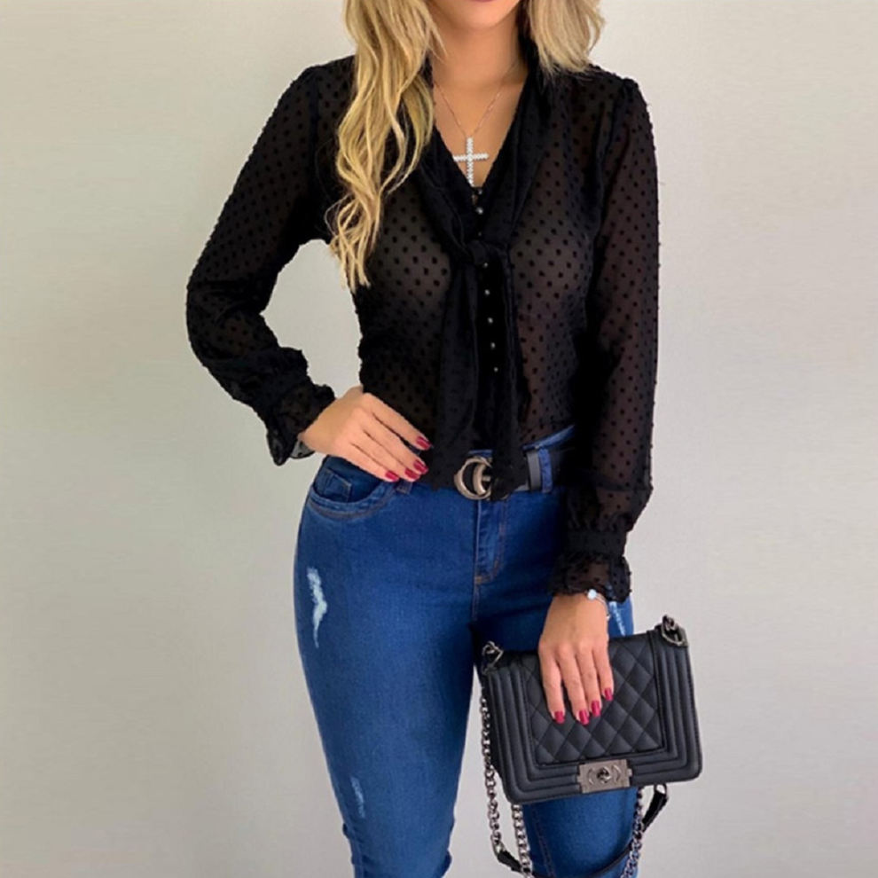 Felicity Tie-Neck Swiss Dot Long Sleeve Blouse Castello Clothing Line