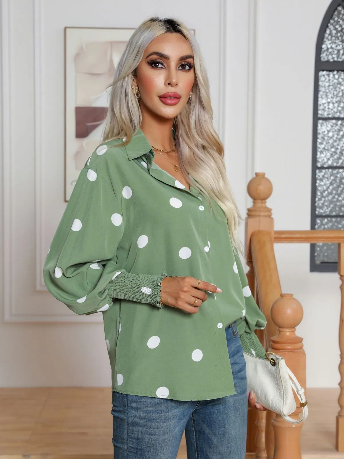 Dotty Days Polka Dot Button-Up Blouse  Castello Clothing Line   