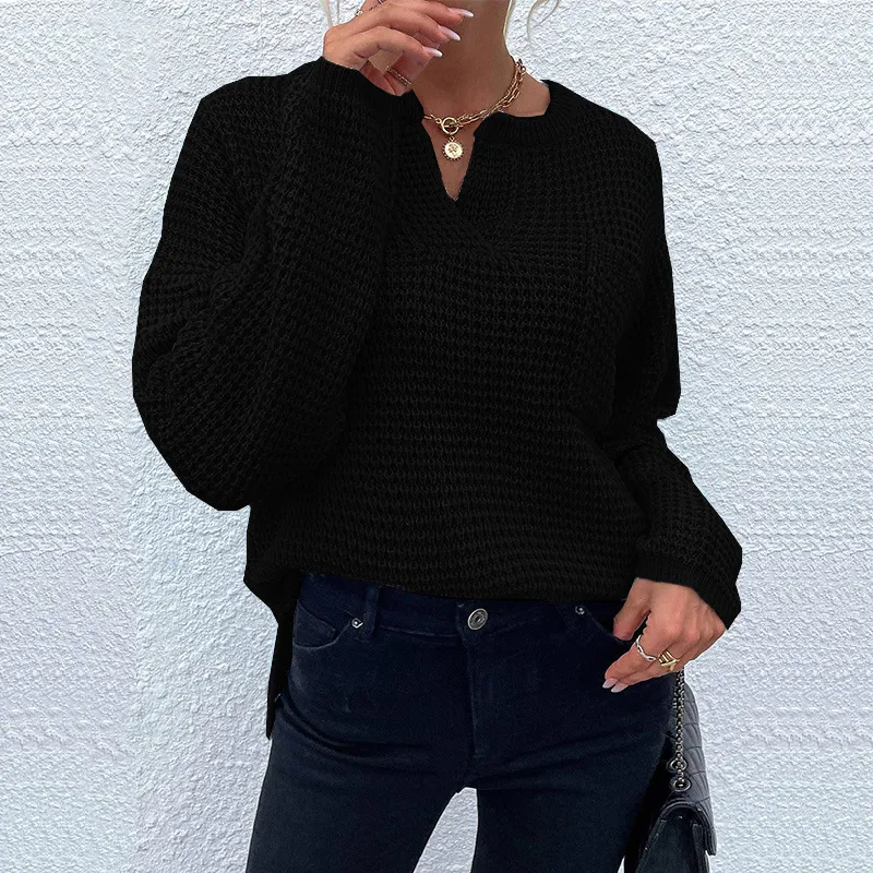 Horizon Waffle Knit V-Neck Long Sleeve Sweater Castello Clothing Line