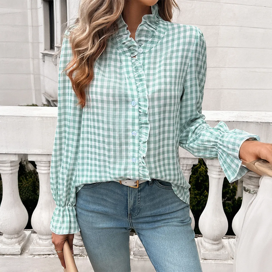 Checkmate Ruffle Long Sleeve Button-Up Blouse  Castello Clothing Line   