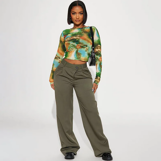 Abstract Vibes Long Sleeve Mesh Crop Top  Castello Clothing Line   