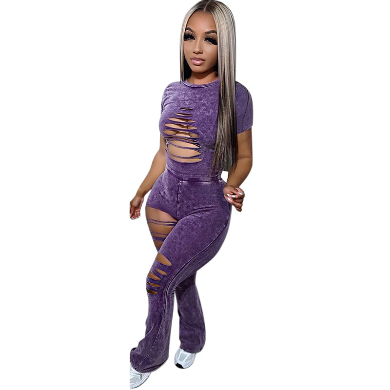 Cut Out Sleeve Top & Long Pants Set - Polyester/Spandex  Castello Clothing Line   