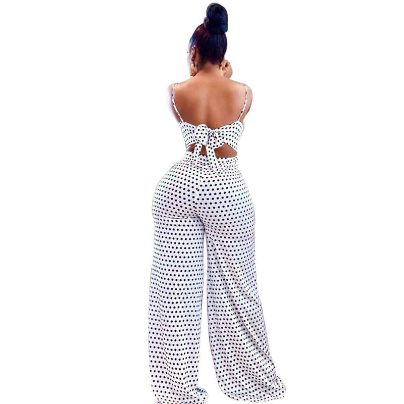 Lina Sleeveless Polka Dot Cutout Tie Back Wide Leg Jumpsuit women jumpsuits Castello Clothing Line