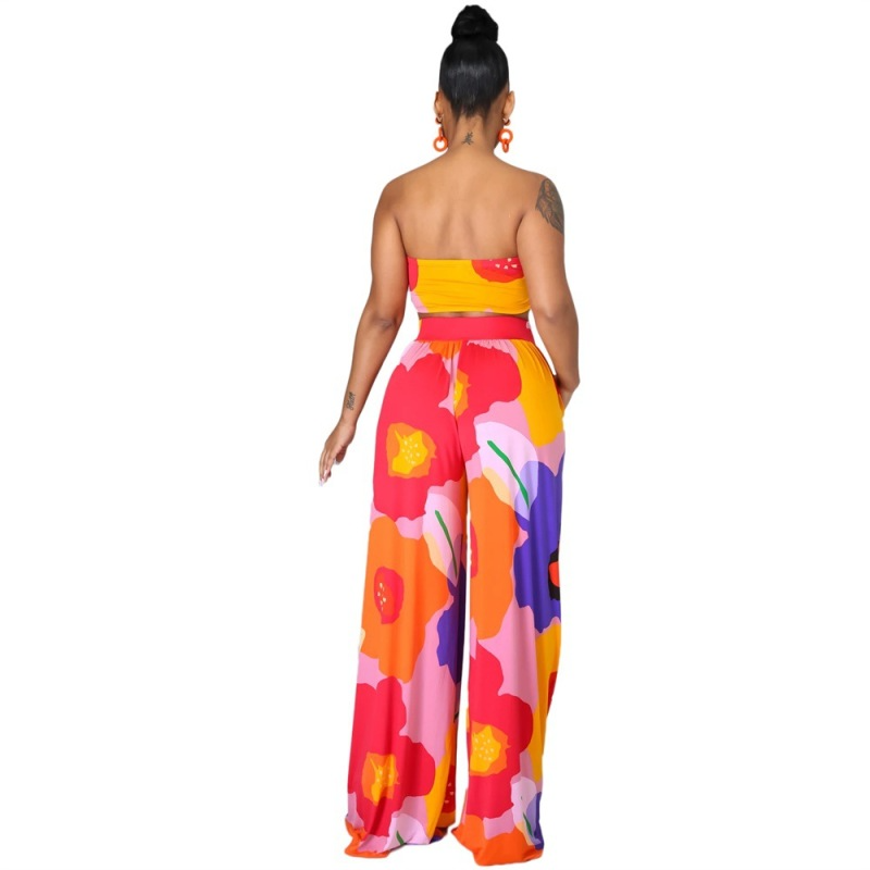 Floral Tube Top & High Waist Pants Set - Pocket Detailed - Polyester  Castello Clothing Line   