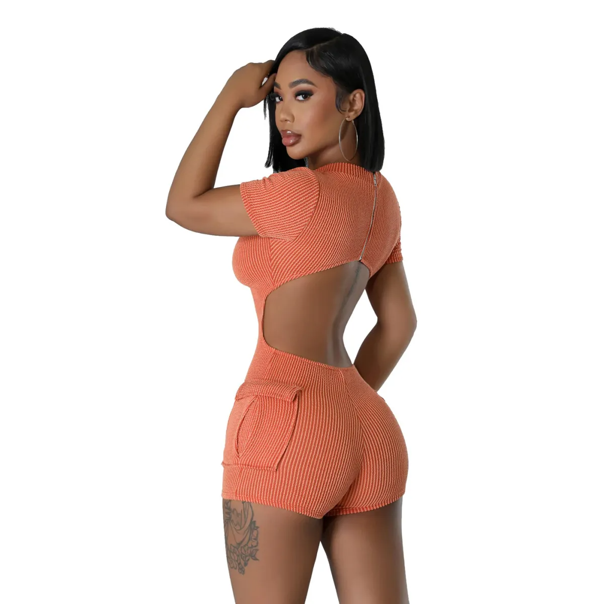 Pulse Ribbed Cutout Short-Sleeve Romper  Castello Clothing Line   