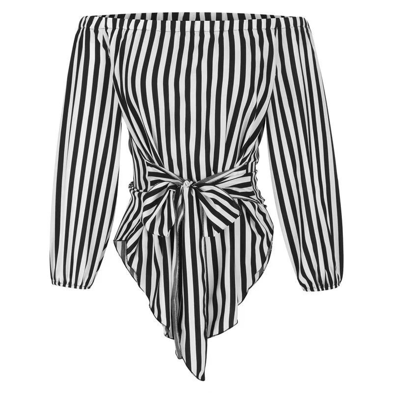Sway Off-Shoulder Striped Belted Long Sleeve Top Castello Clothing Line