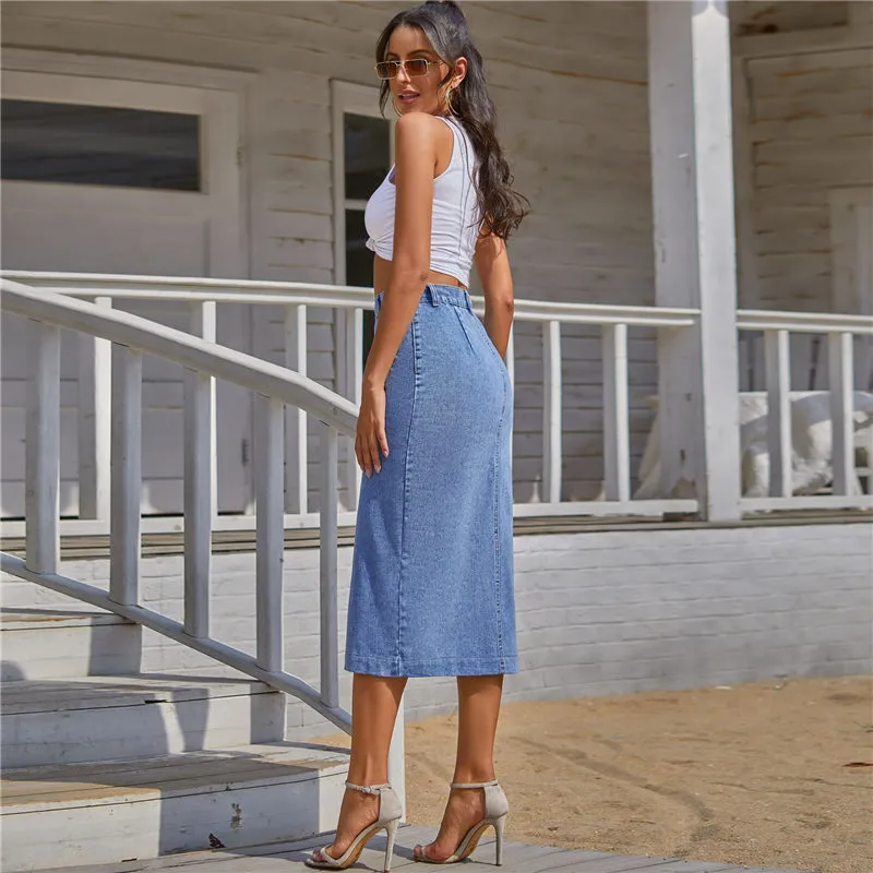 Button Up & Go Slit Denim Midi Skirt  Castello Clothing Line   