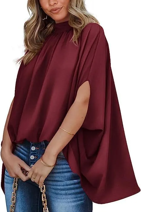 Enchant High-Neck Flowy Cape Sleeve Blouse Castello Clothing Line