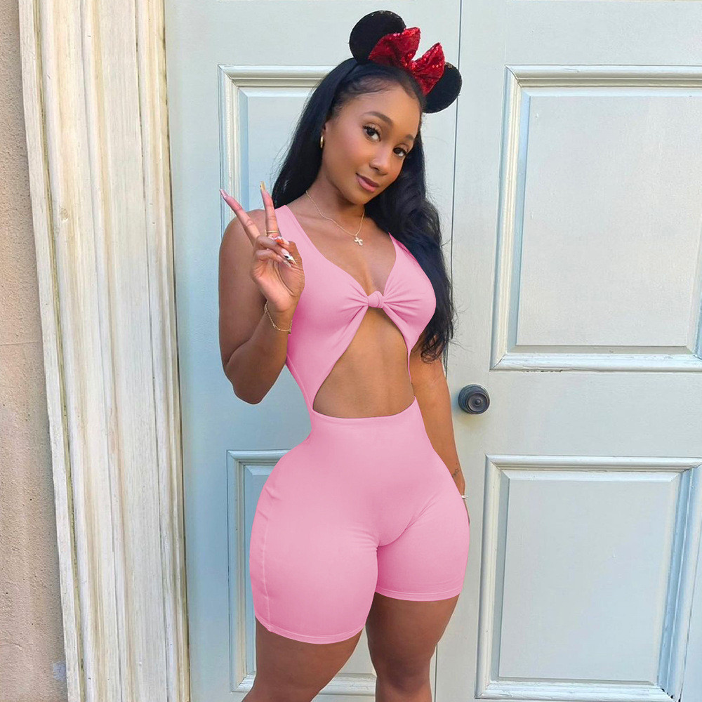 Flirt Knot Cutout Biker Short Romper  Castello Clothing Line   